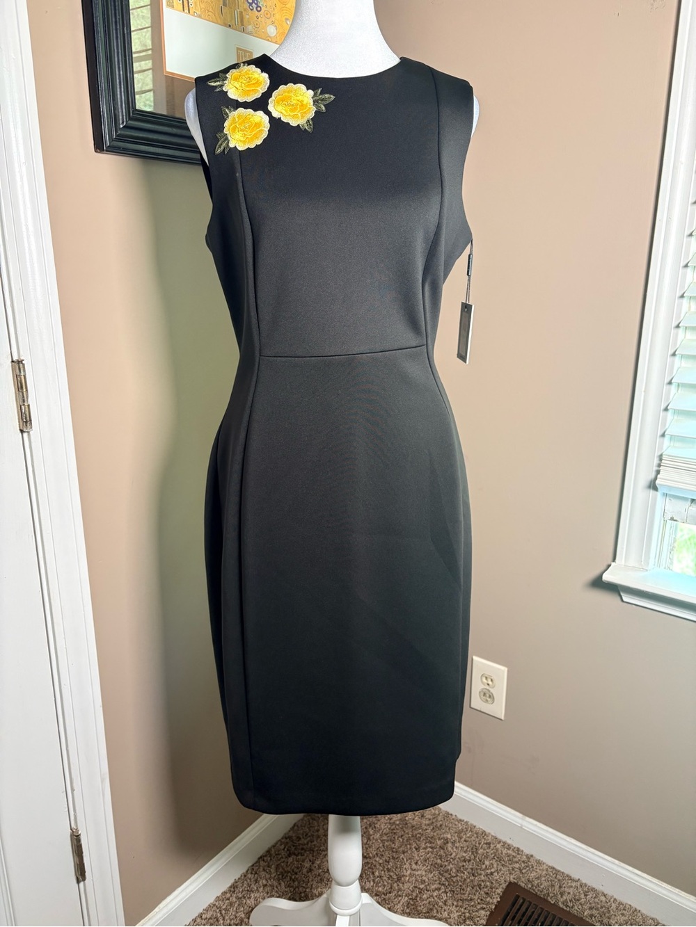 Calvin Klein Black Midi Sheath Dress with Yellow Floral Accent
